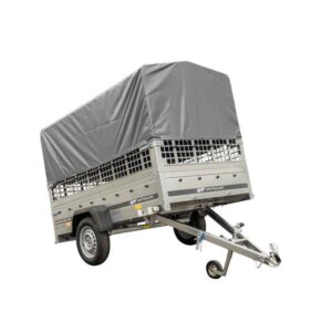 Grande remorque UNITRAILER Garden Trailer 230 KIPP avec rehausses grillagées, bâche haute et roue jockey