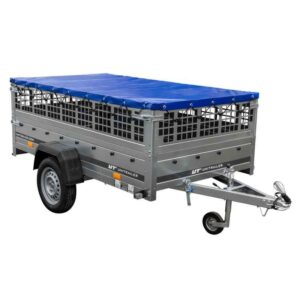 Remorque sans frein UNITRAILER 230x125 avec bâche plate bleue, ridelles grillagées et roue jockey - Garden Trailer 230 KIPP